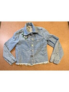 H&M COACHELLA WOMENS BUTTON UP DISTRESSED DENIM JACKET SZ. 4 FLOWERS CROPPED
